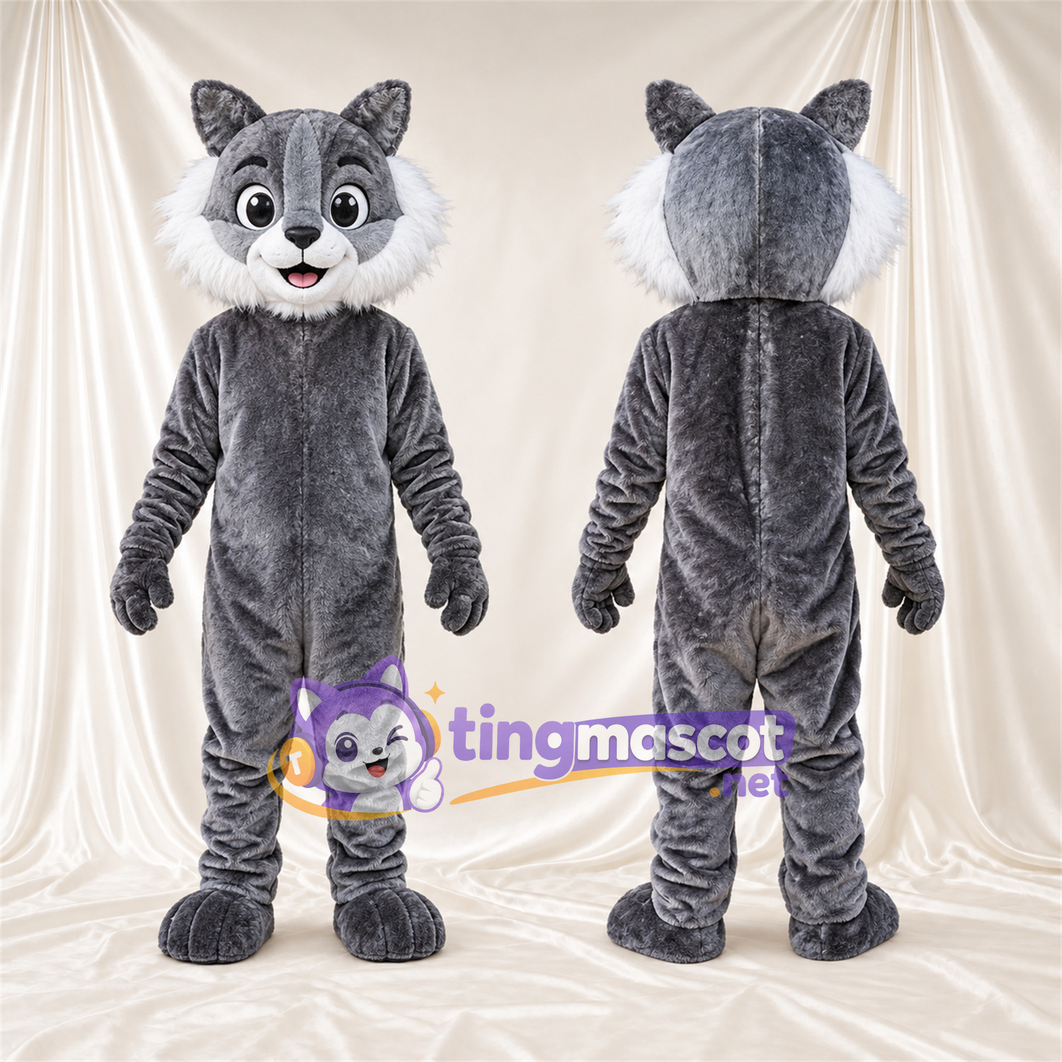 Costume de mascotte Chat – gris / blanc – Museau (blanc); Joues (blanc) Costume de mascotte Chat – gris / blanc – Museau (blanc); Joues (blanc)