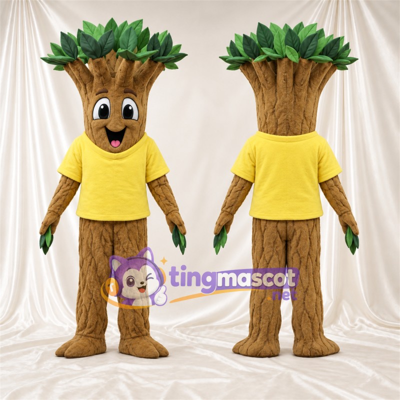 Brown and Green Tree Mascot Costume - Yellow Shirt