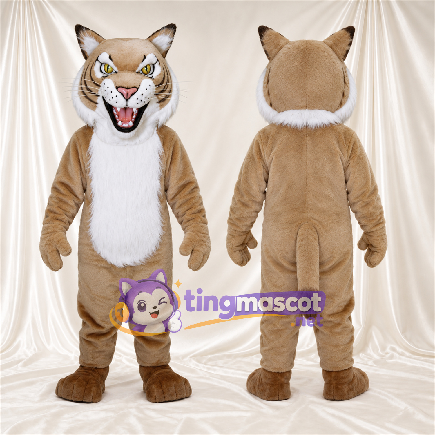 Costume de mascotte Chat sauvage – brun clair / blanc – Ventre (blanc); Collerette (blanc) Costume de mascotte Chat sauvage – brun clair / blanc – Ventre (blanc); Collerette (blanc)