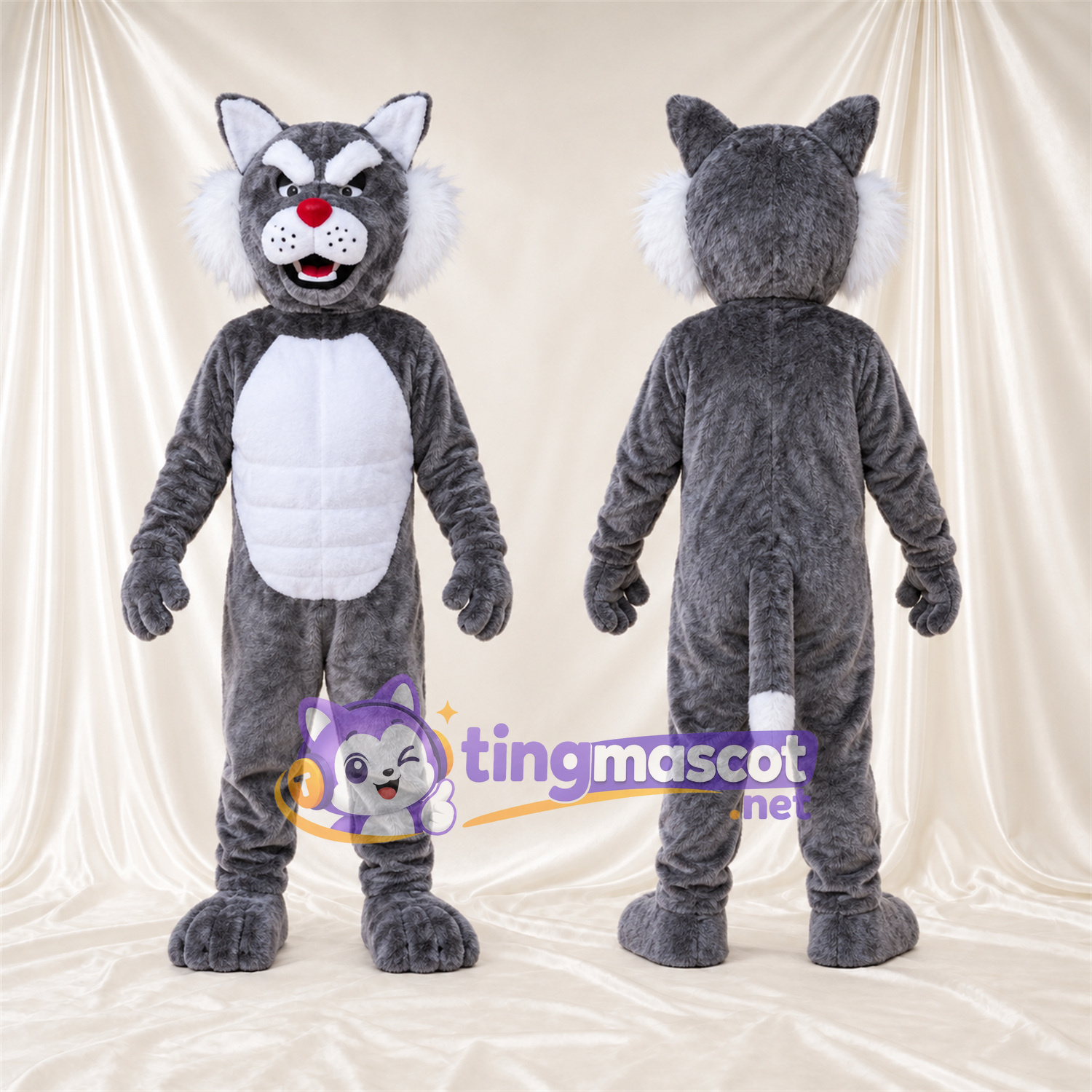 Costume de mascotte Chat sauvage – gris / blanc – Torse musclé (blanc); Nez (rouge)