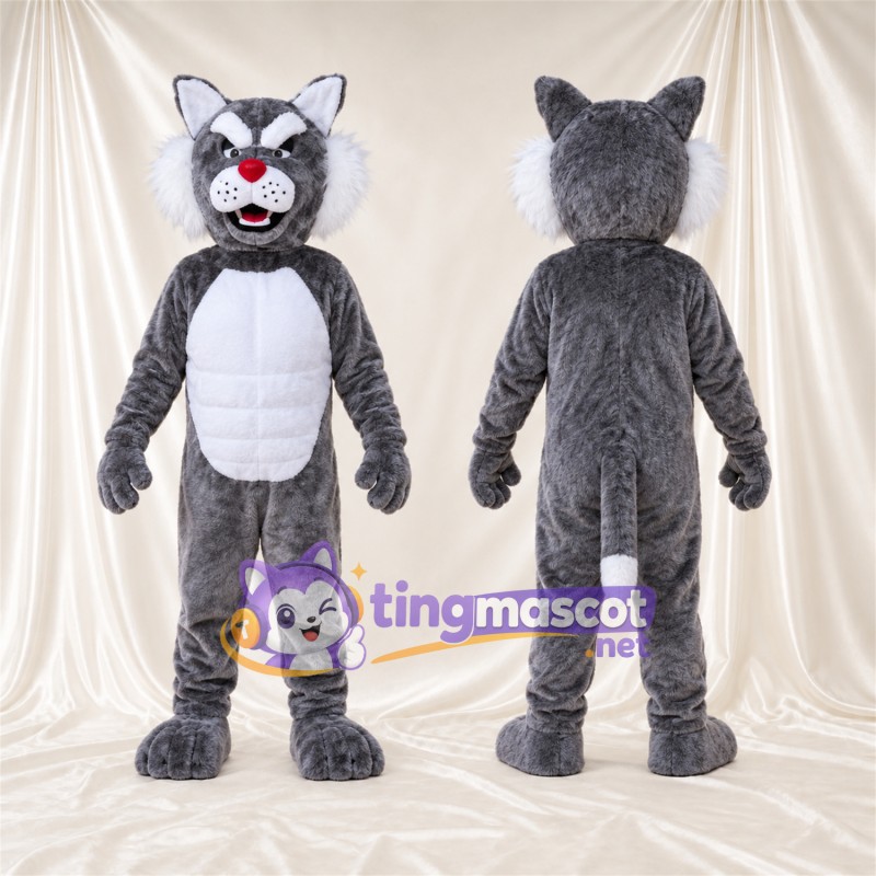 Costume de mascotte Chat sauvage – gris / blanc – Torse musclé (blanc); Nez (rouge)