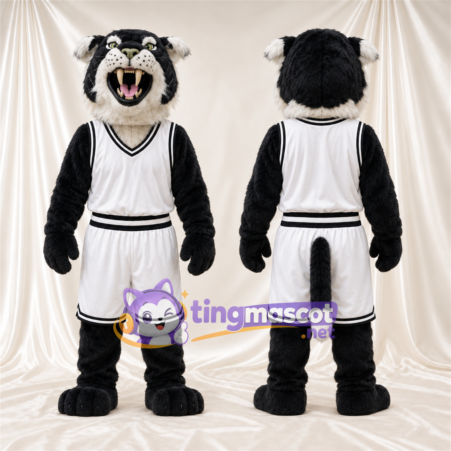 Black and White Wildcat Mascot Costume - White Basketball Uniform Black and White Wildcat Mascot Costume - White Basketball Uniform