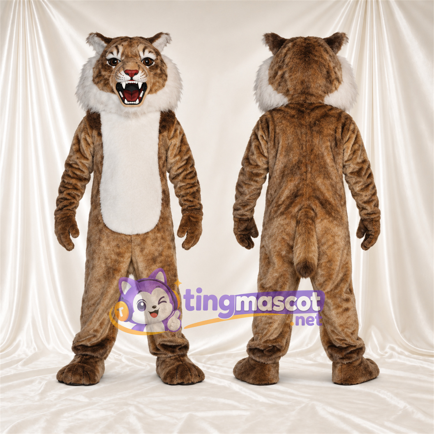 Costume de mascotte Chat sauvage – brun clair / blanc – Ventre (blanc); Bouche ouverte Costume de mascotte Chat sauvage – brun clair / blanc – Ventre (blanc); Bouche ouverte