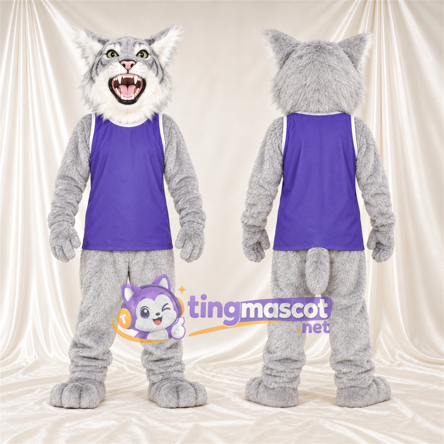 Costume de mascotte Chat sauvage – gris / blanc – Chemise (violet) Costume de mascotte Chat sauvage – gris / blanc – Chemise (violet)