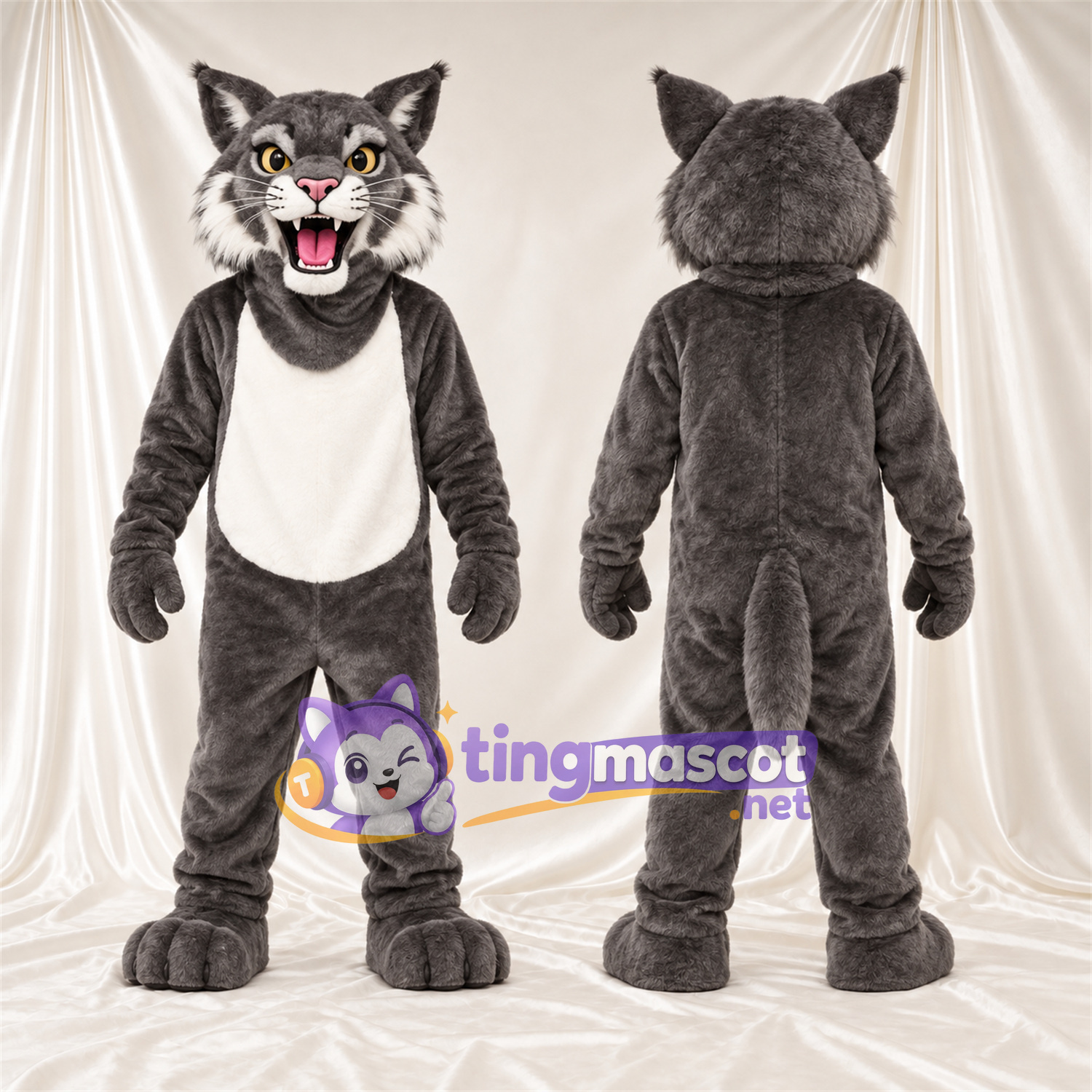 Costume de mascotte Chat sauvage – gris / blanc – Ventre (blanc); Crocs pointus Costume de mascotte Chat sauvage – gris / blanc – Ventre (blanc); Crocs pointus