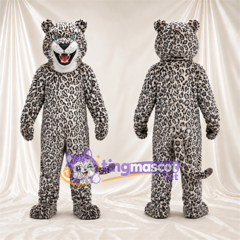 Costume de mascotte Léopard – blanc / noir – Petites taches serrées; Crocs pointus