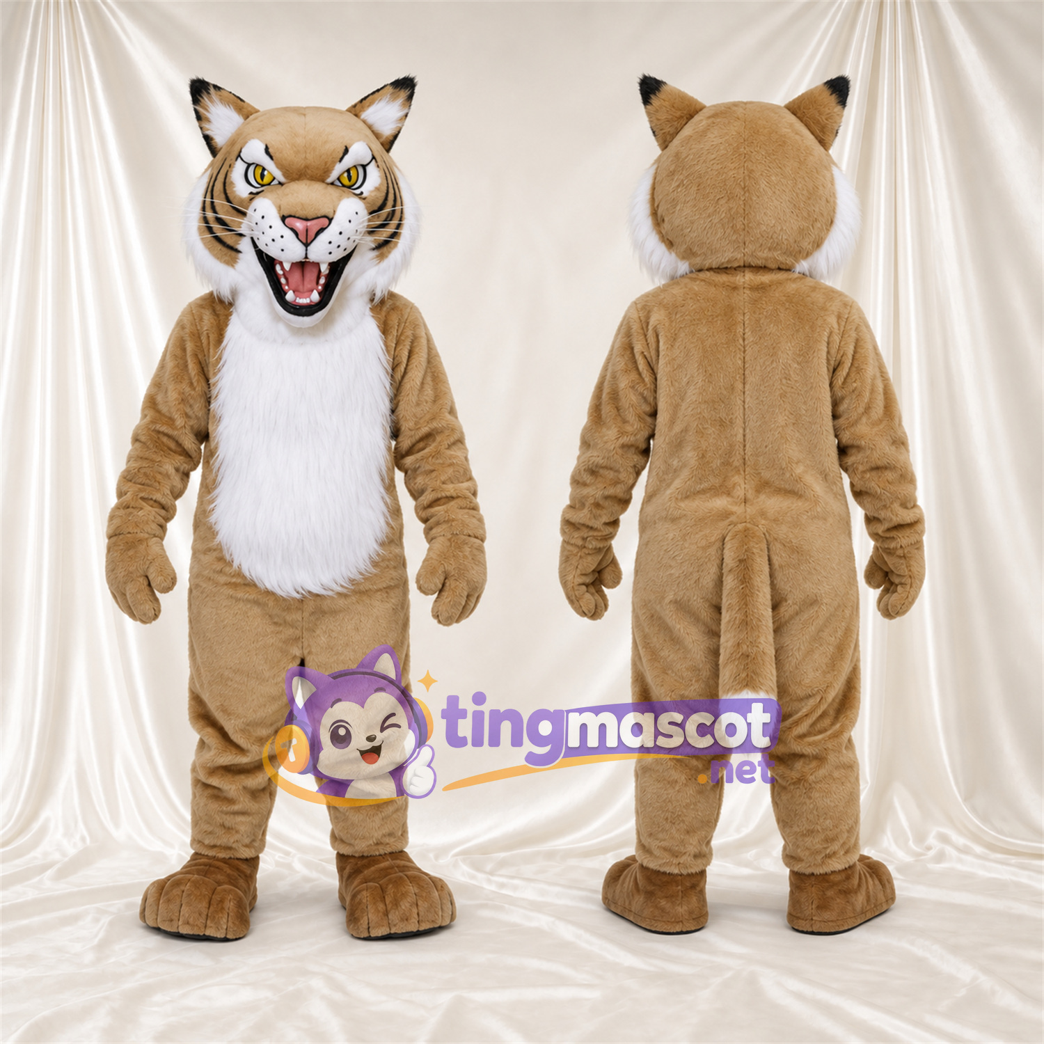 Costume de mascotte Chat sauvage – brun clair / blanc – Ventre (blanc); Bout de la queue (blanc) Costume de mascotte Chat sauvage – brun clair / blanc – Ventre (blanc); Bout de la queue (blanc)