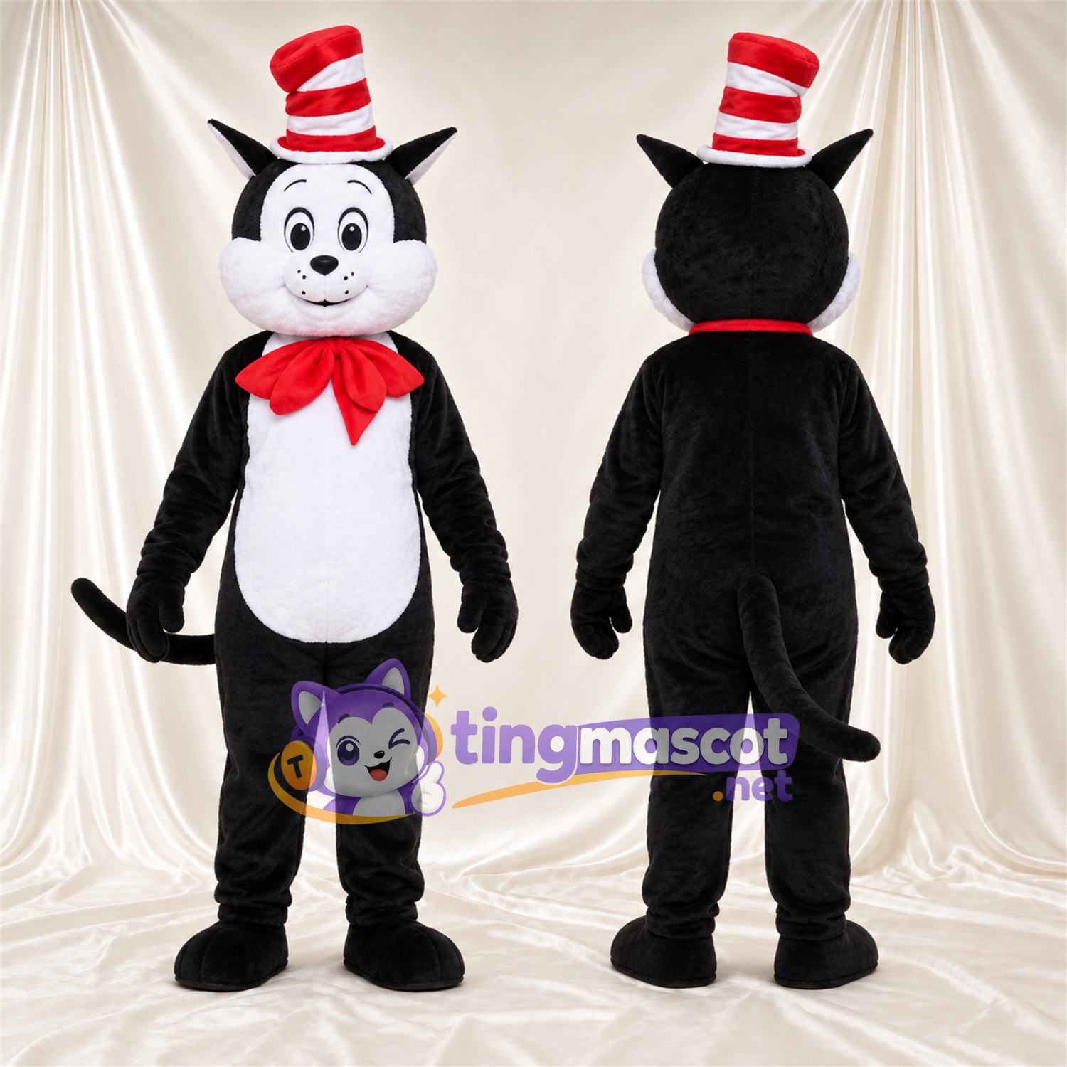 Black and White Cat Mascot Costume - Red Bow Tie and Striped Top Hat Black and White Cat Mascot Costume - Red Bow Tie and Striped Top Hat