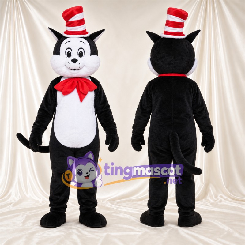 Black and White Cat Mascot Costume - Red Bow Tie and Striped Top Hat