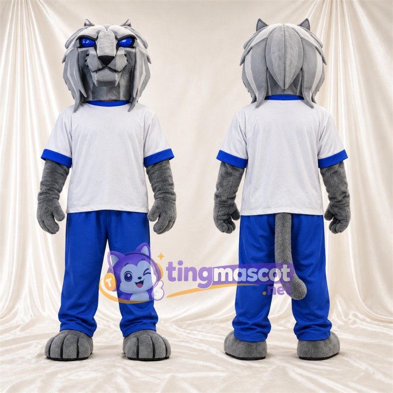 Costume de mascotte Chat sauvage – gris – Chemise (blanc); Pantalon (bleu)