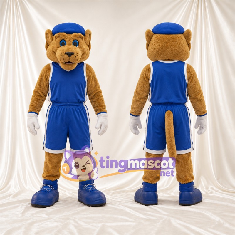 Costume de mascotte Chat – brun clair – Tenue de basket (bleu); Casquette