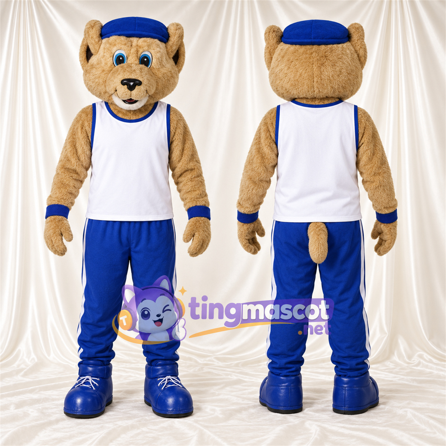 Maskottchenkostüm Katze – hellbraun – Tanktop (weiß); Hose (blau) Maskottchenkostüm Katze – hellbraun – Tanktop (weiß); Hose (blau)