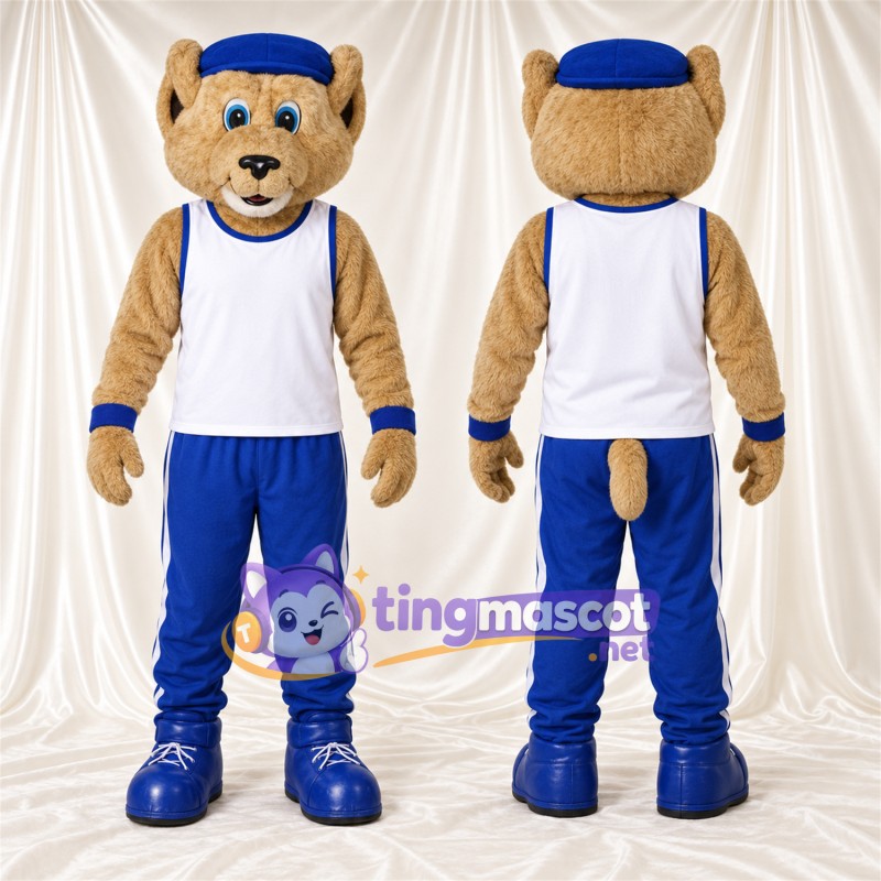 Maskottchenkostüm Katze – hellbraun – Tanktop (weiß); Hose (blau)