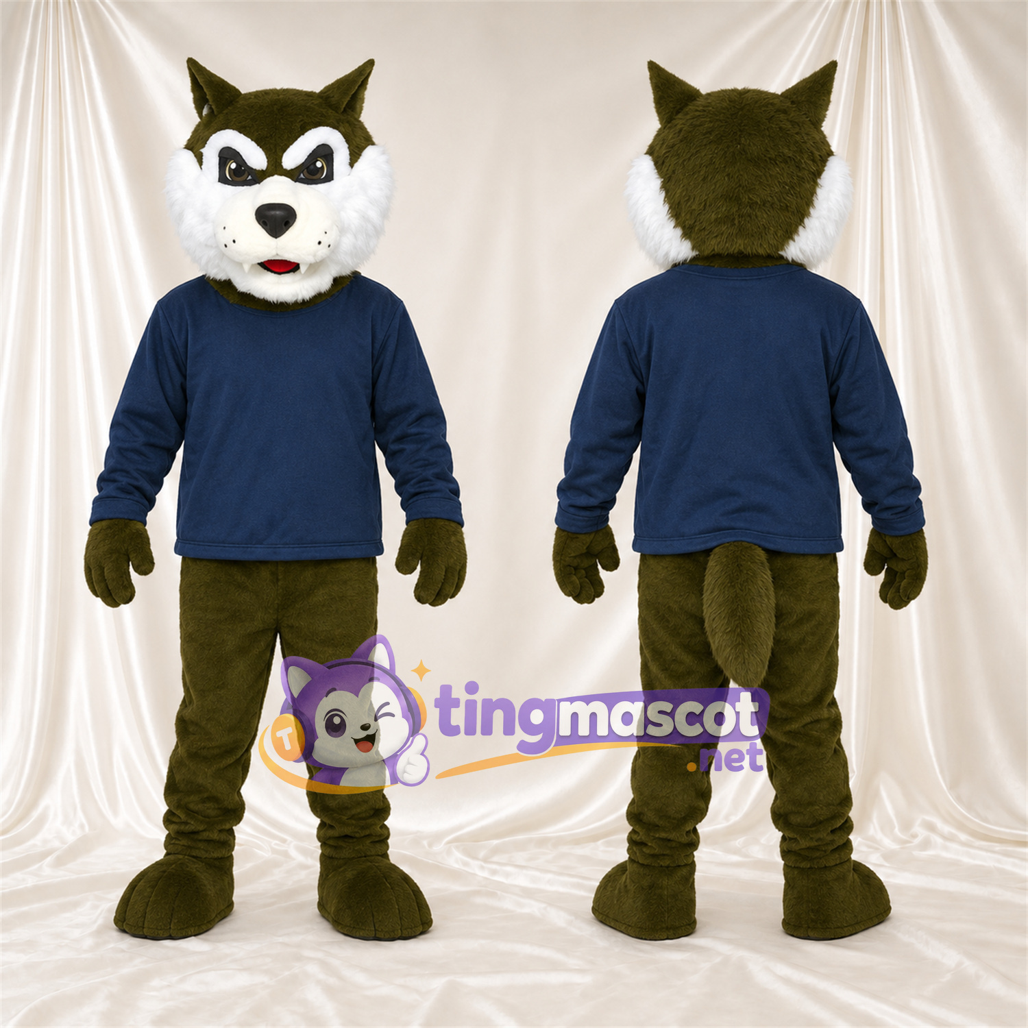 Maskottchenkostüm Husky – dunkelgrün / weiß – Hemd (marineblau) Maskottchenkostüm Husky – dunkelgrün / weiß – Hemd (marineblau)