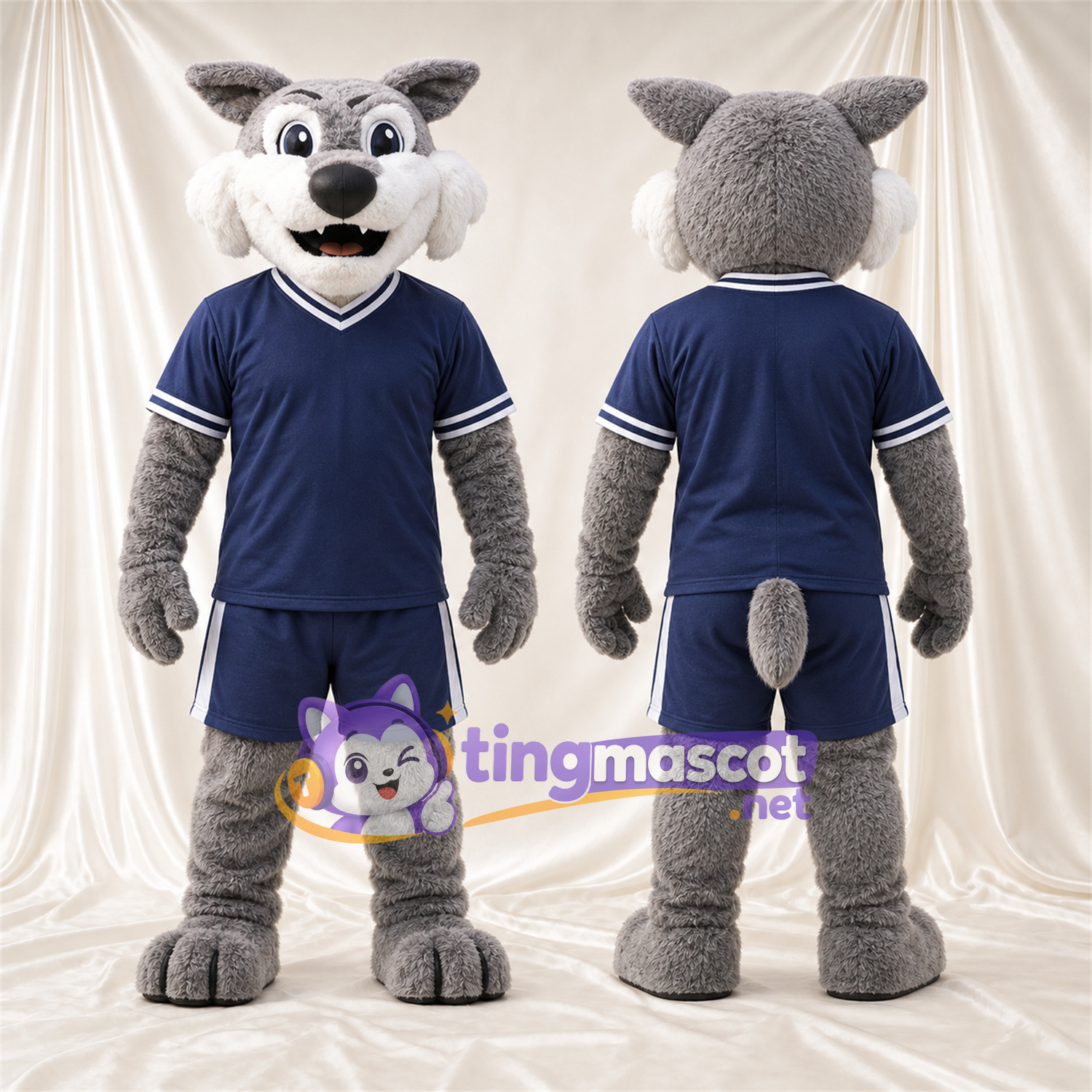 Costume de mascotte Chat sauvage – gris – Tenue de sport (bleu marine) Costume de mascotte Chat sauvage – gris – Tenue de sport (bleu marine)