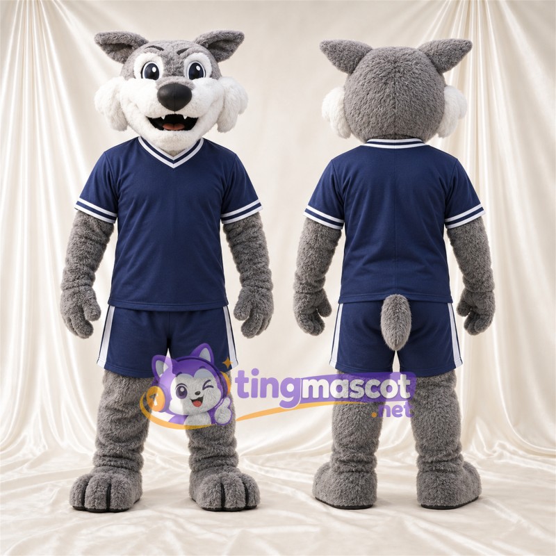 Costume de mascotte Chat sauvage – gris – Tenue de sport (bleu marine)