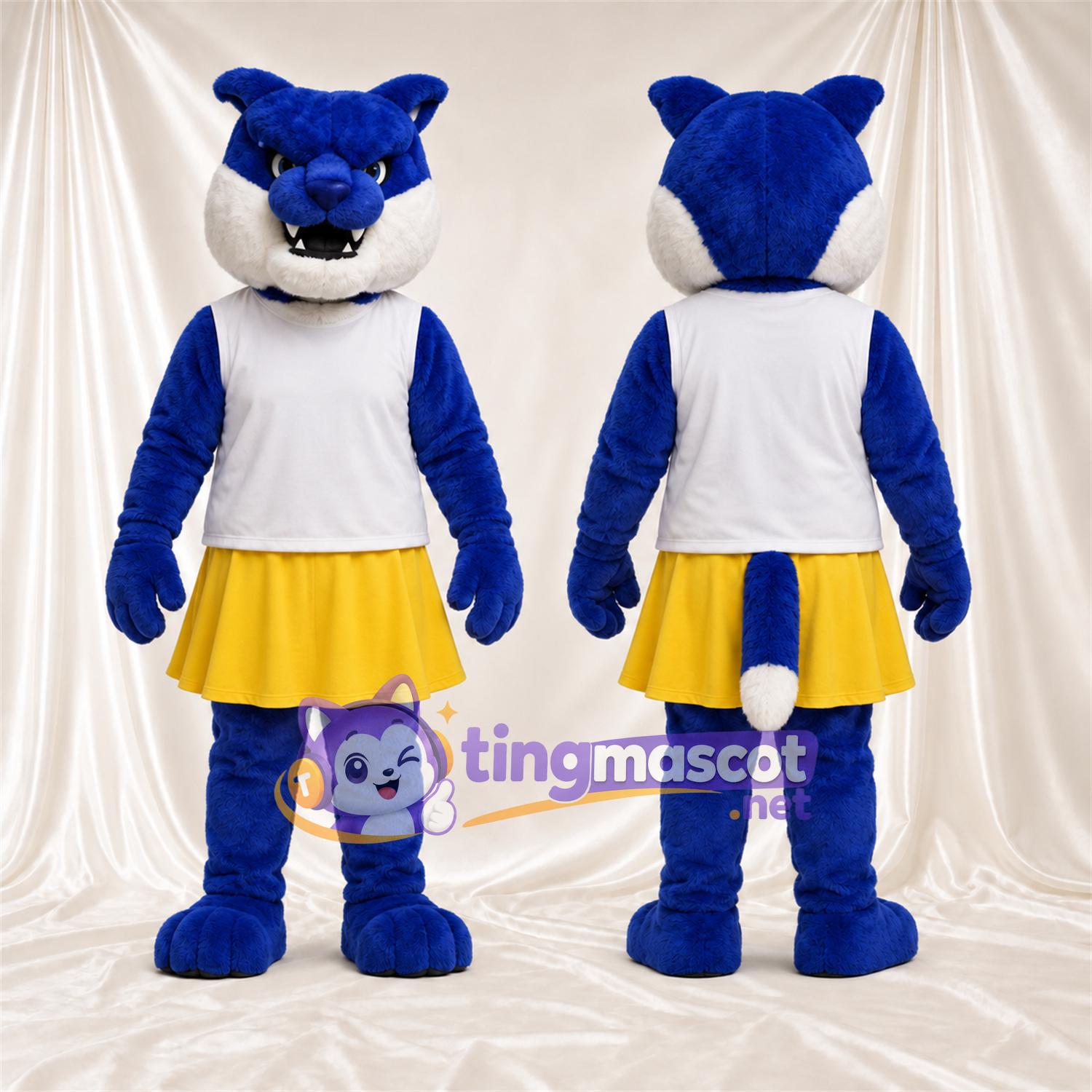 Costume de mascotte Chat sauvage – bleu / blanc – Haut; Jupe (jaune) Costume de mascotte Chat sauvage – bleu / blanc – Haut; Jupe (jaune)