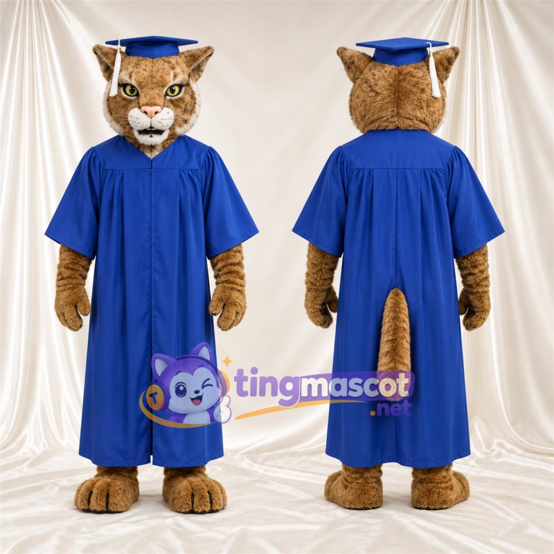 Costume de mascotte Chat sauvage – marron – Toge de diplômé (bleu); Casquette