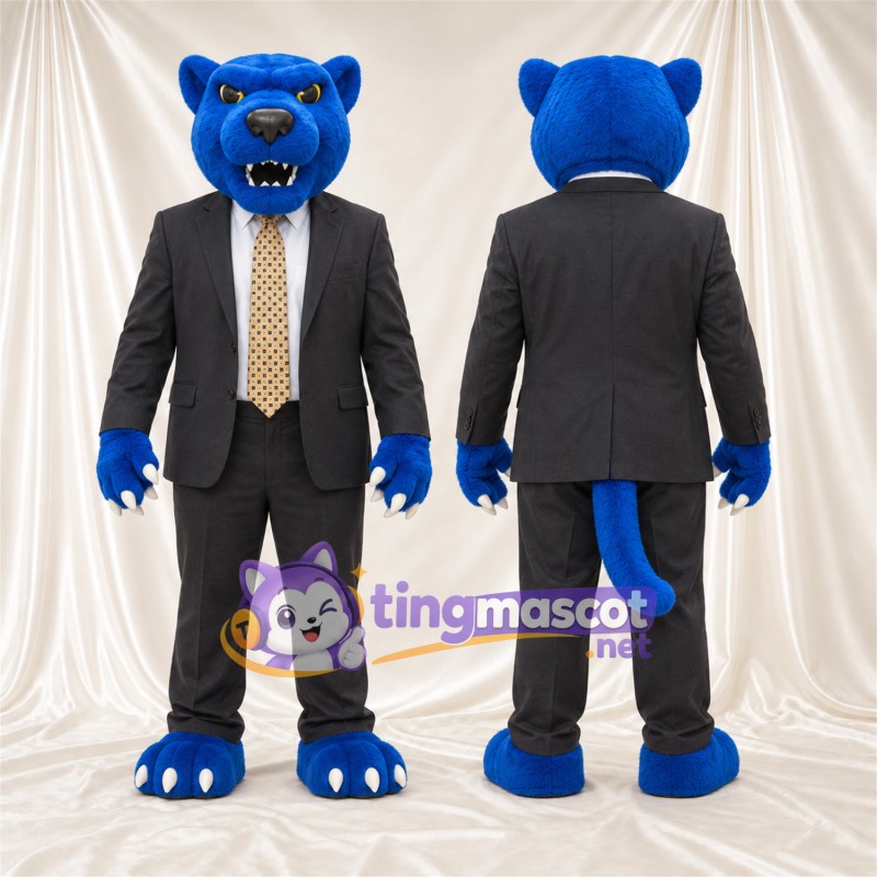 Costume de mascotte Chat sauvage – bleu – Costume (noir); Cravate (doré)
