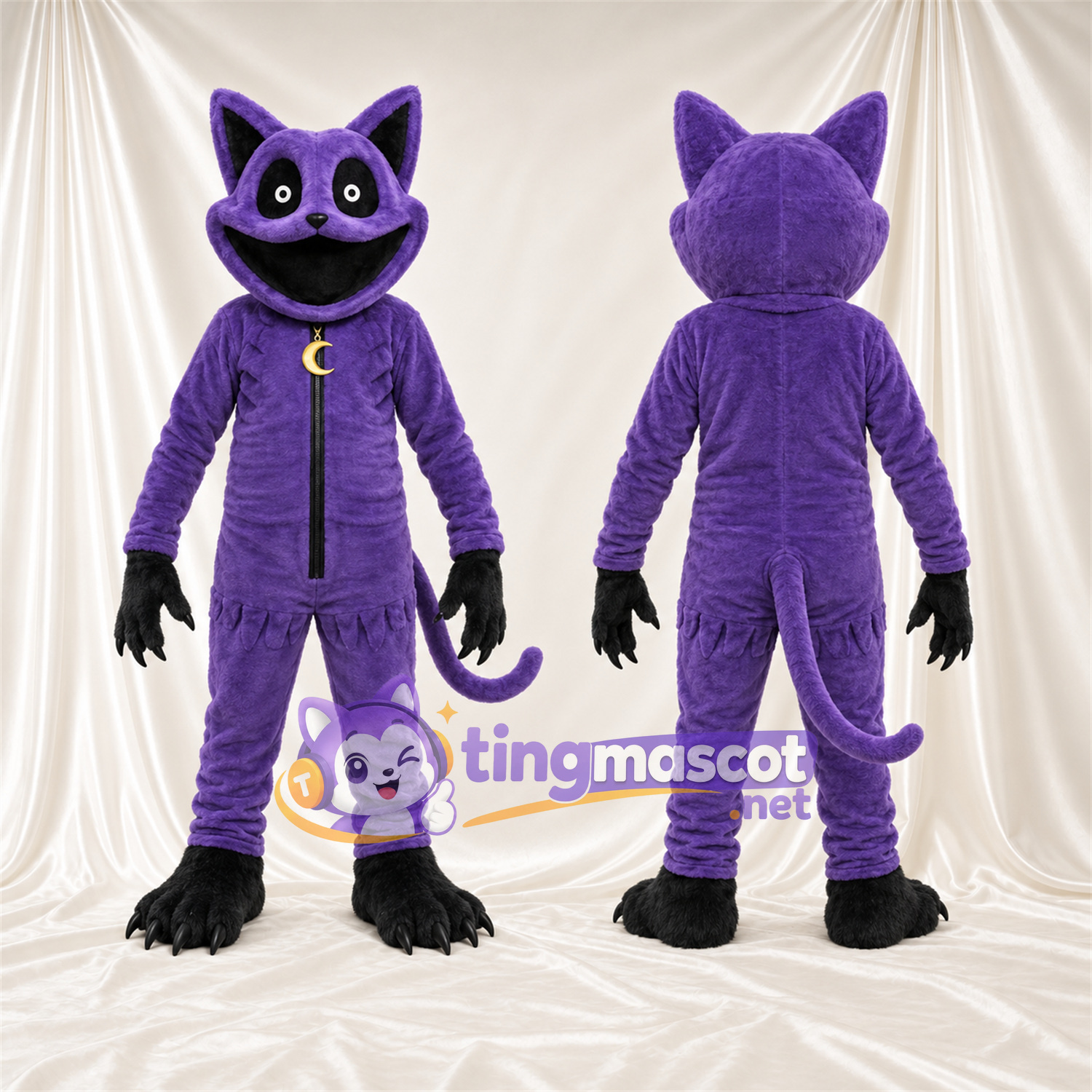 Costume de mascotte Chat – violet / noir – Collier en croissant de lune Costume de mascotte Chat – violet / noir – Collier en croissant de lune