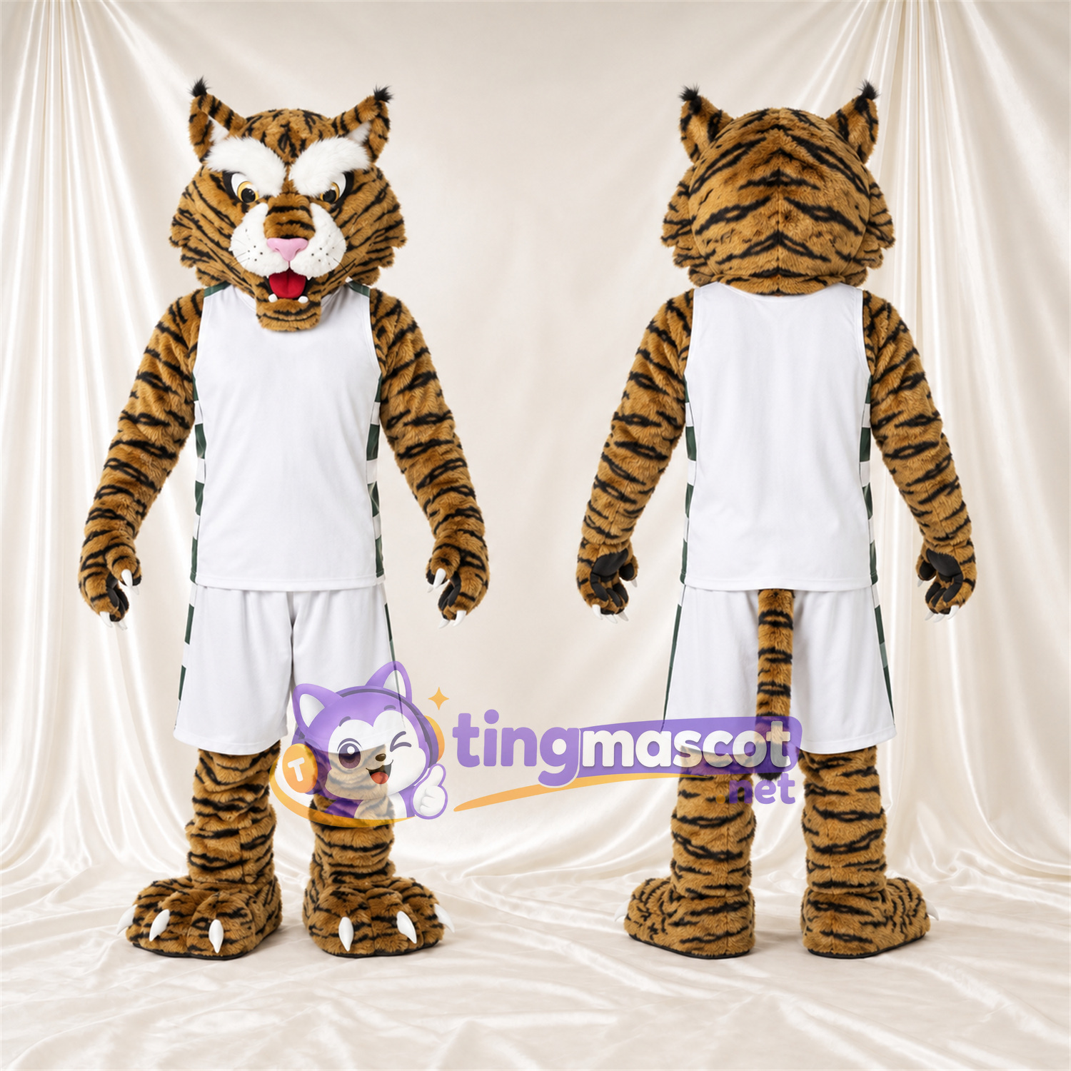Costume de mascotte Tigre – orange / noir – Tenue de basket (blanc) Costume de mascotte Tigre – orange / noir – Tenue de basket (blanc)