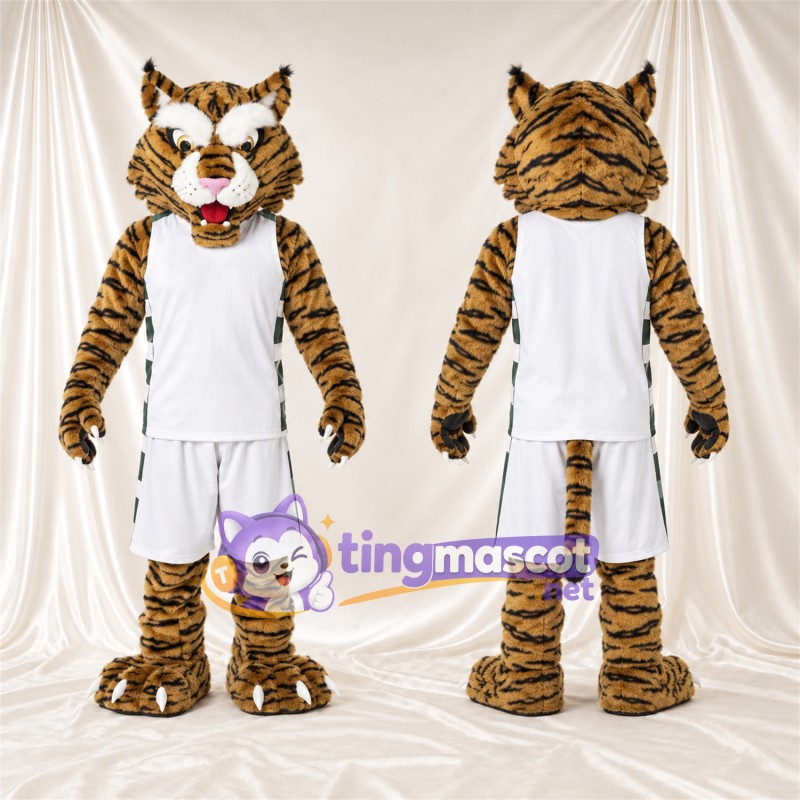 Costume de mascotte Tigre – orange / noir – Tenue de basket (blanc)