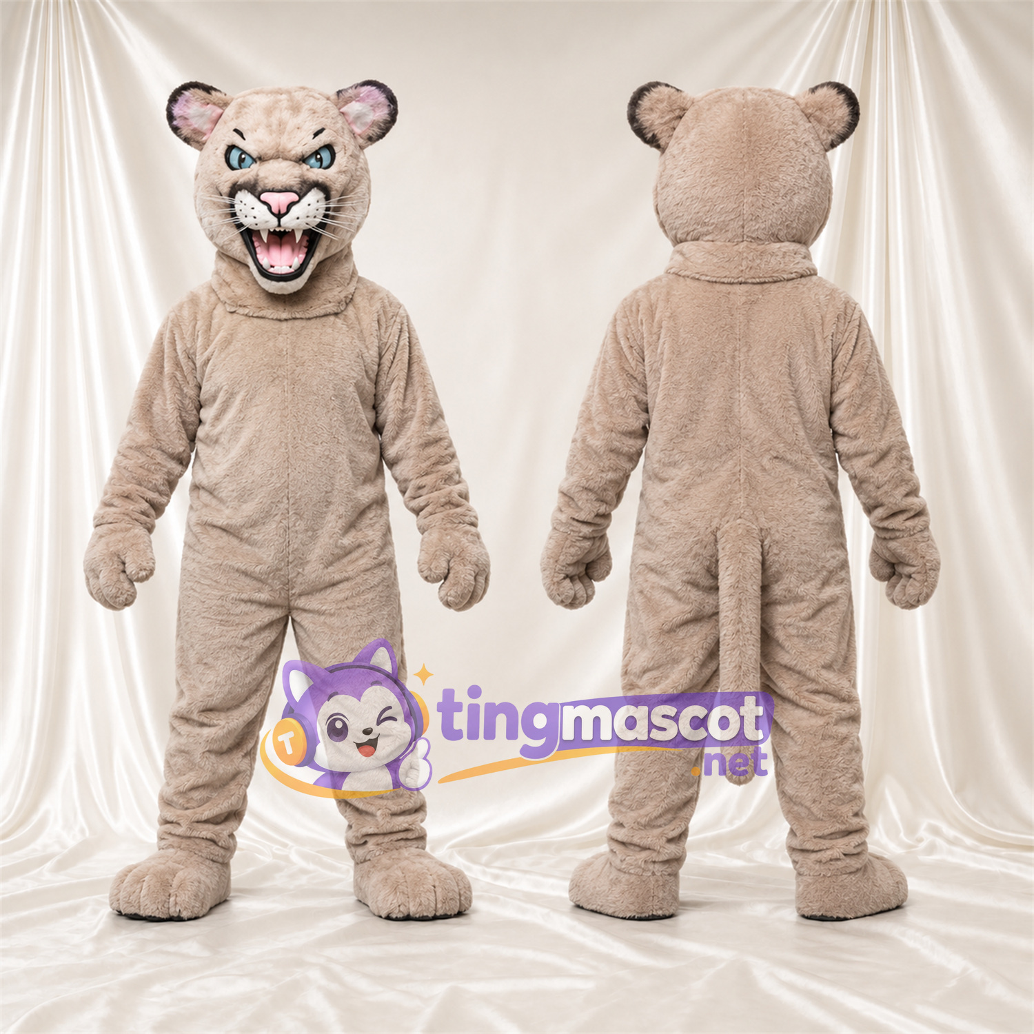Costume de mascotte Chat sauvage – brun clair – Intérieur des oreilles (gris); Crocs pointus Costume de mascotte Chat sauvage – brun clair – Intérieur des oreilles (gris); Crocs pointus
