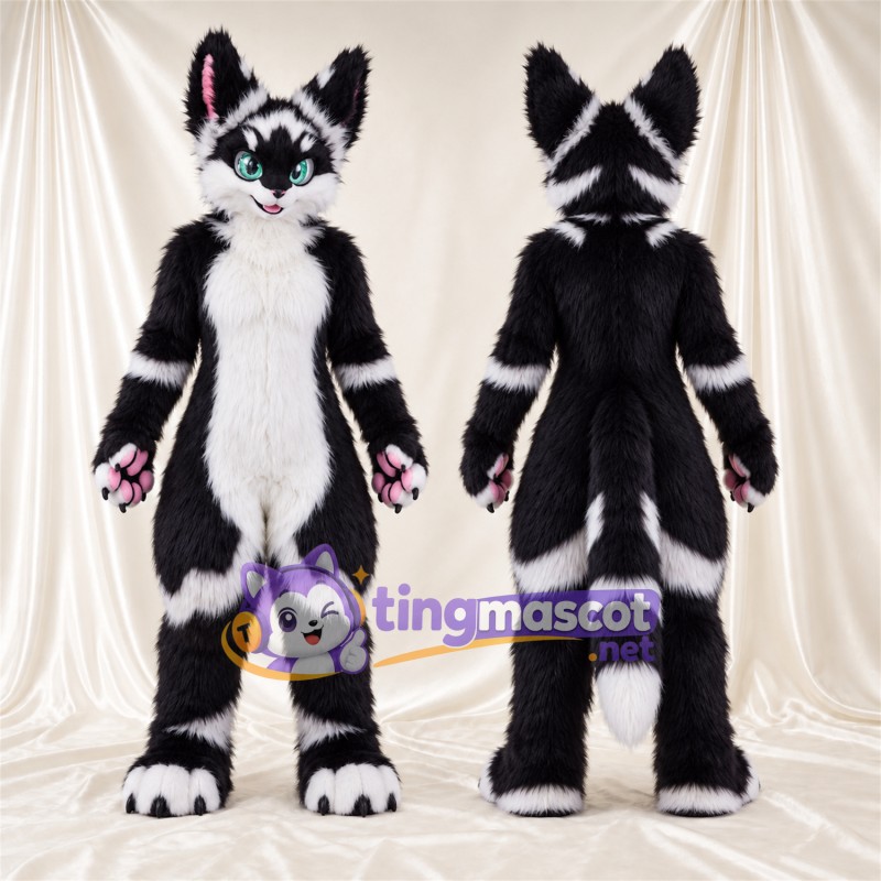 Black and White Husky Mascot Costume - Pink Paw Pads and Green Eyes