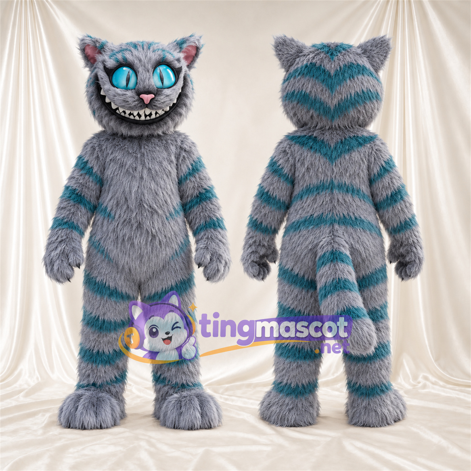 Costume de mascotte Chat du Cheshire – gris / bleu canard – Fourrure; Queue enroulée Costume de mascotte Chat du Cheshire – gris / bleu canard – Fourrure; Queue enroulée