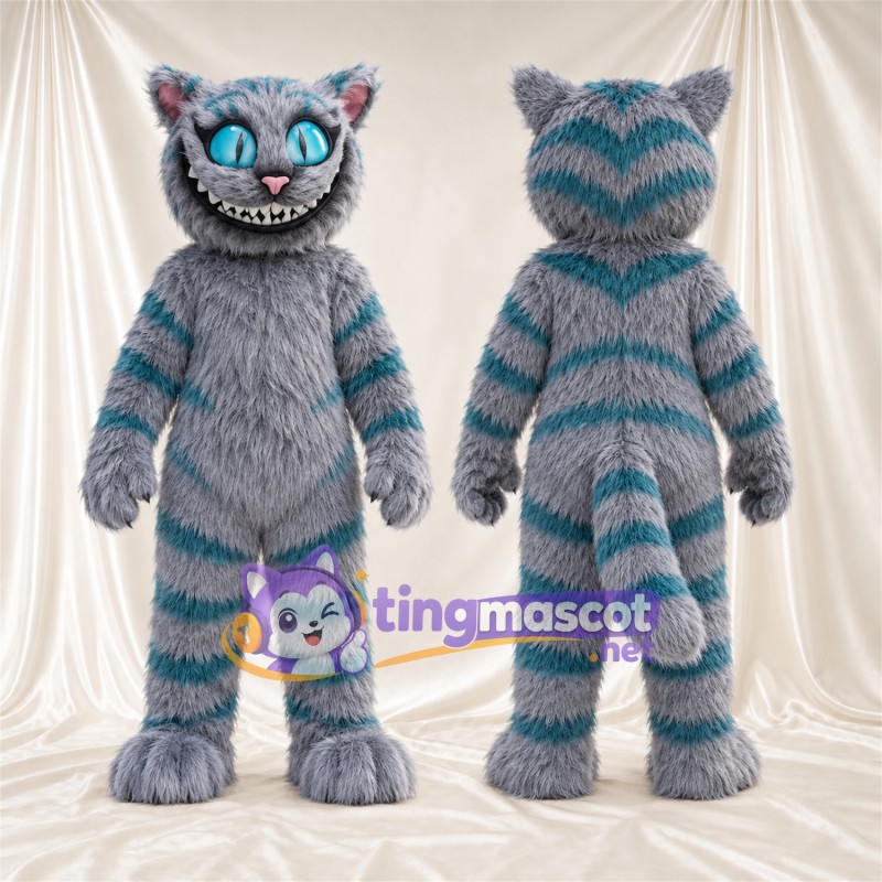 Costume de mascotte Chat du Cheshire – gris / bleu canard – Fourrure; Queue enroulée