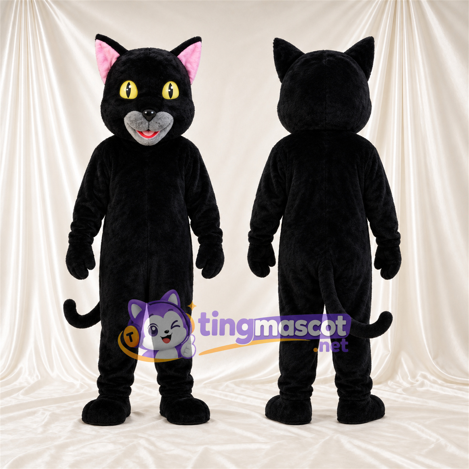 Costume de mascotte Chat – noir – Intérieur des oreilles (rose); Museau (gris) Costume de mascotte Chat – noir – Intérieur des oreilles (rose); Museau (gris)