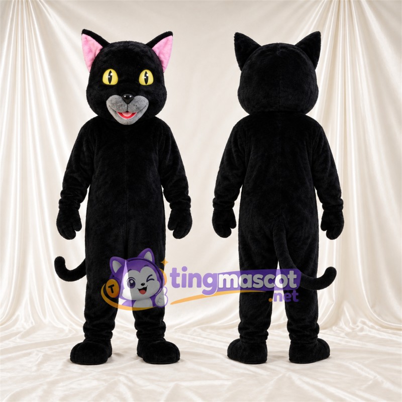 Costume de mascotte Chat – noir – Intérieur des oreilles (rose); Museau (gris)