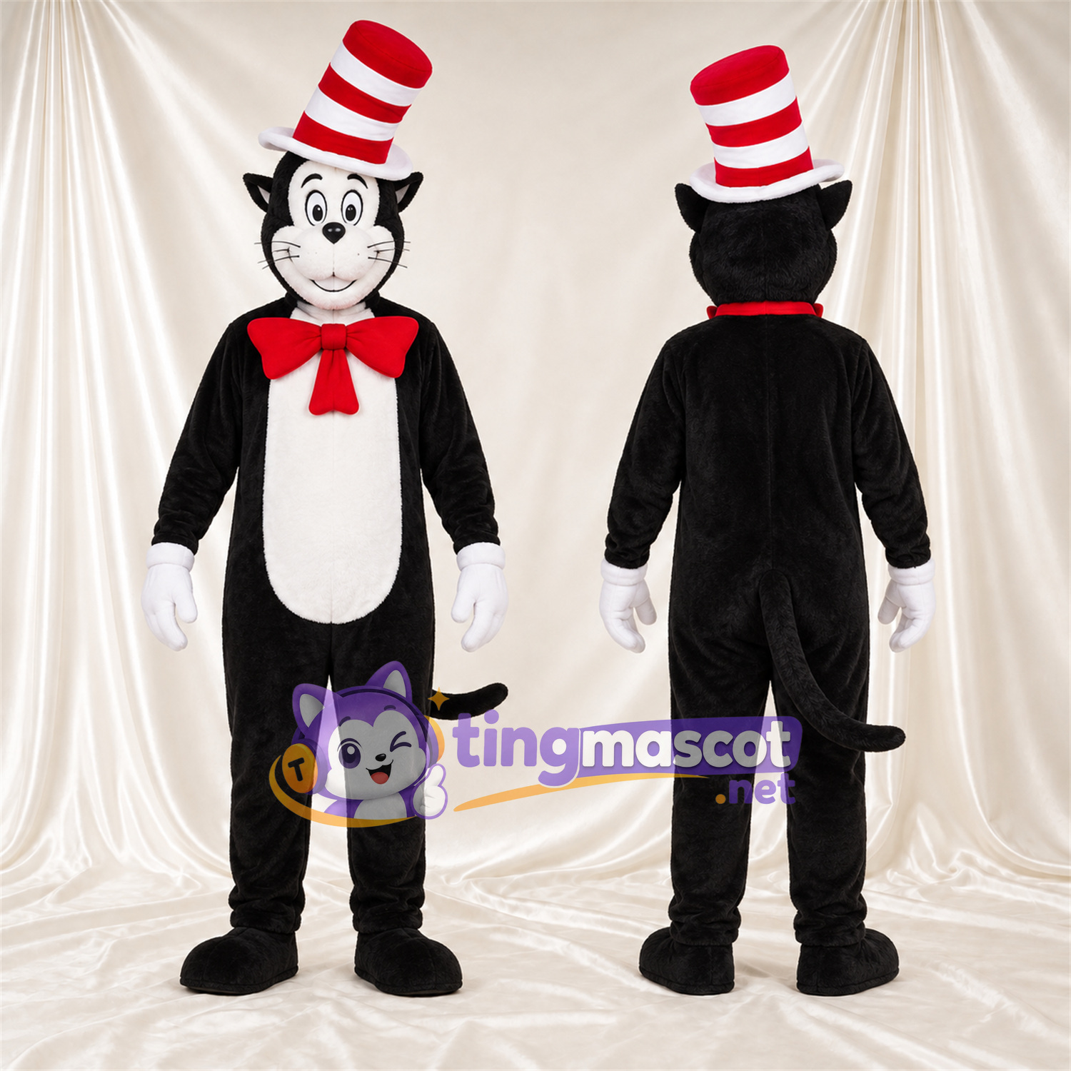 Black and White Cat Mascot Costume - Red Bow Tie and Red and White Striped Top Hat, White Belly and White Gloves Black and White Cat Mascot Costume - Red Bow Tie and Red and White Striped Top Hat, White Belly and White Gloves