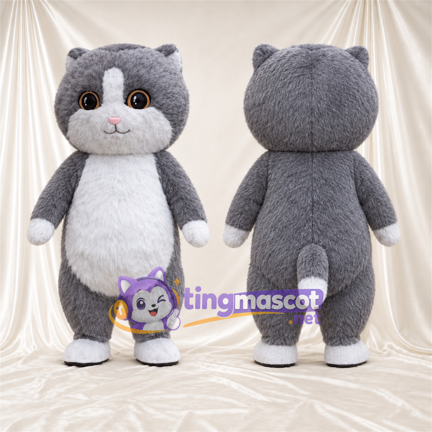 Costume de mascotte Chat – gris / blanc – Ventre rond; Bout de la queue (blanc) Costume de mascotte Chat – gris / blanc – Ventre rond; Bout de la queue (blanc)