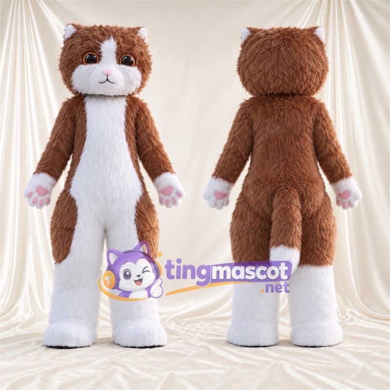 Costume de mascotte Chat – marron – Coussinets (rose); Bas des jambes (blanc)