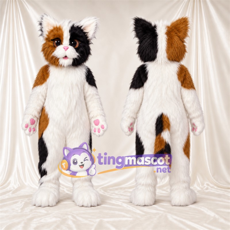 Costume de mascotte Chat tricolore – blanc / noir / orange – Coussinets (rose); Fourrure hirsute