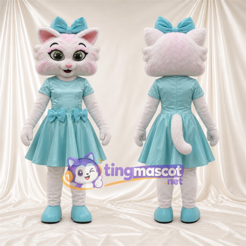 Costume de mascotte Chat – blanc – Robe (bleu clair); Nœud