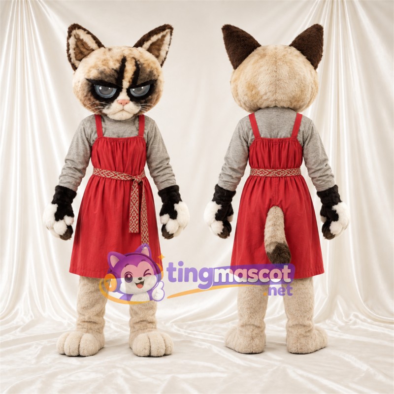 Costume de mascotte Chat siamois – crème / marron – Tablier (rouge)