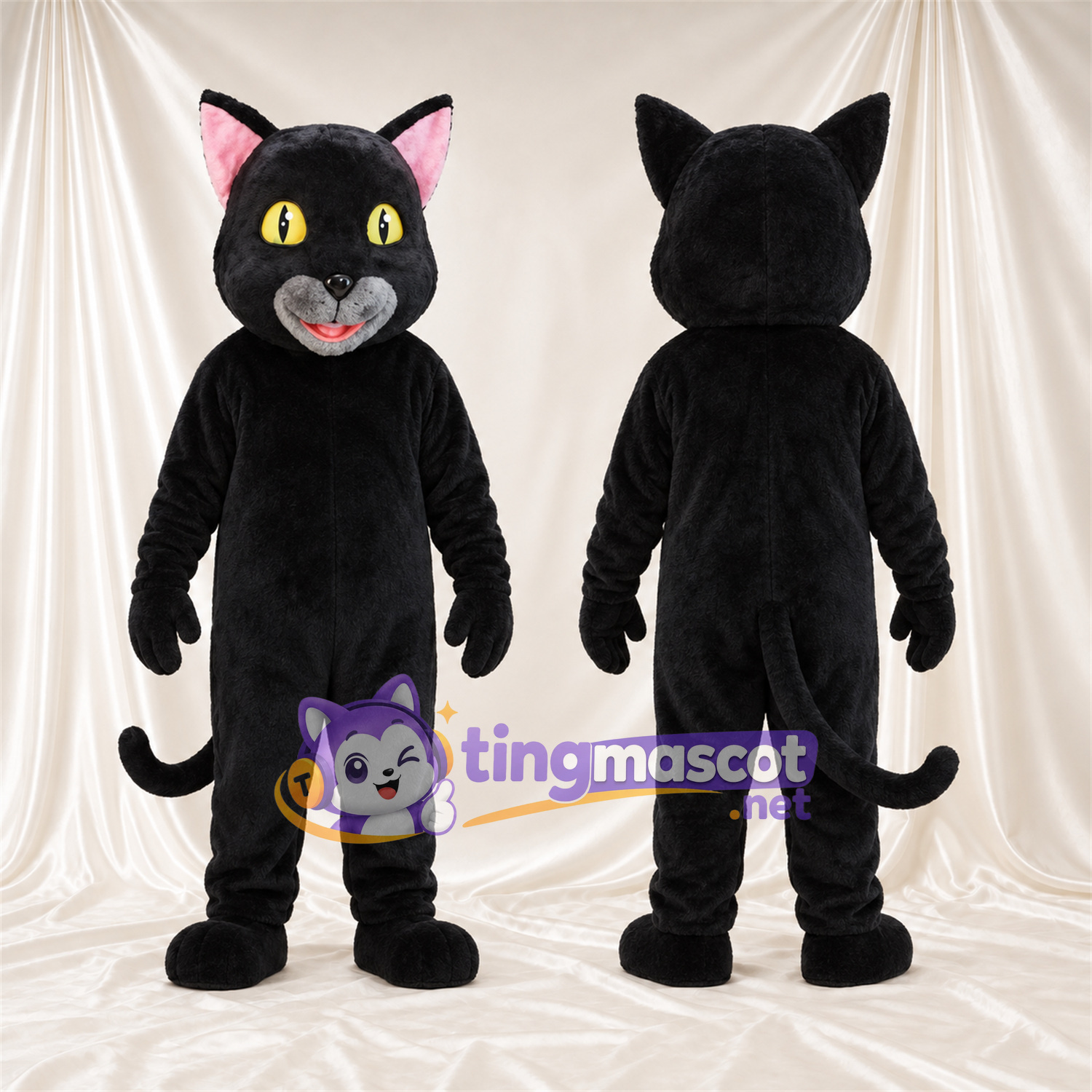 Costume de mascotte Chat – noir – Intérieur des oreilles (rose); Museau (gris) Costume de mascotte Chat – noir – Intérieur des oreilles (rose); Museau (gris)
