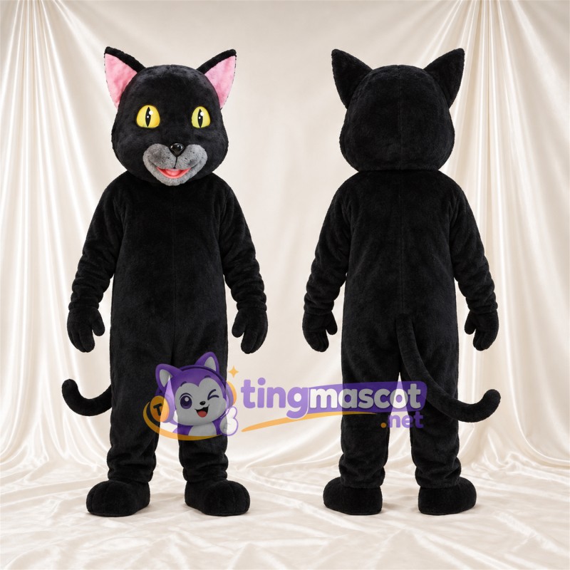 Costume de mascotte Chat – noir – Intérieur des oreilles (rose); Museau (gris)