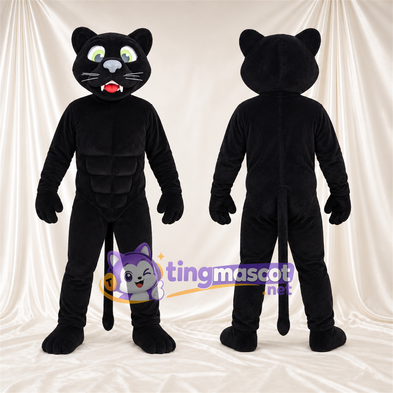 Costume de mascotte Chat – noir – Torse musclé; Yeux (vert) Costume de mascotte Chat – noir – Torse musclé; Yeux (vert)