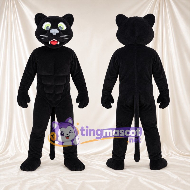 Costume de mascotte Chat – noir – Torse musclé; Yeux (vert)