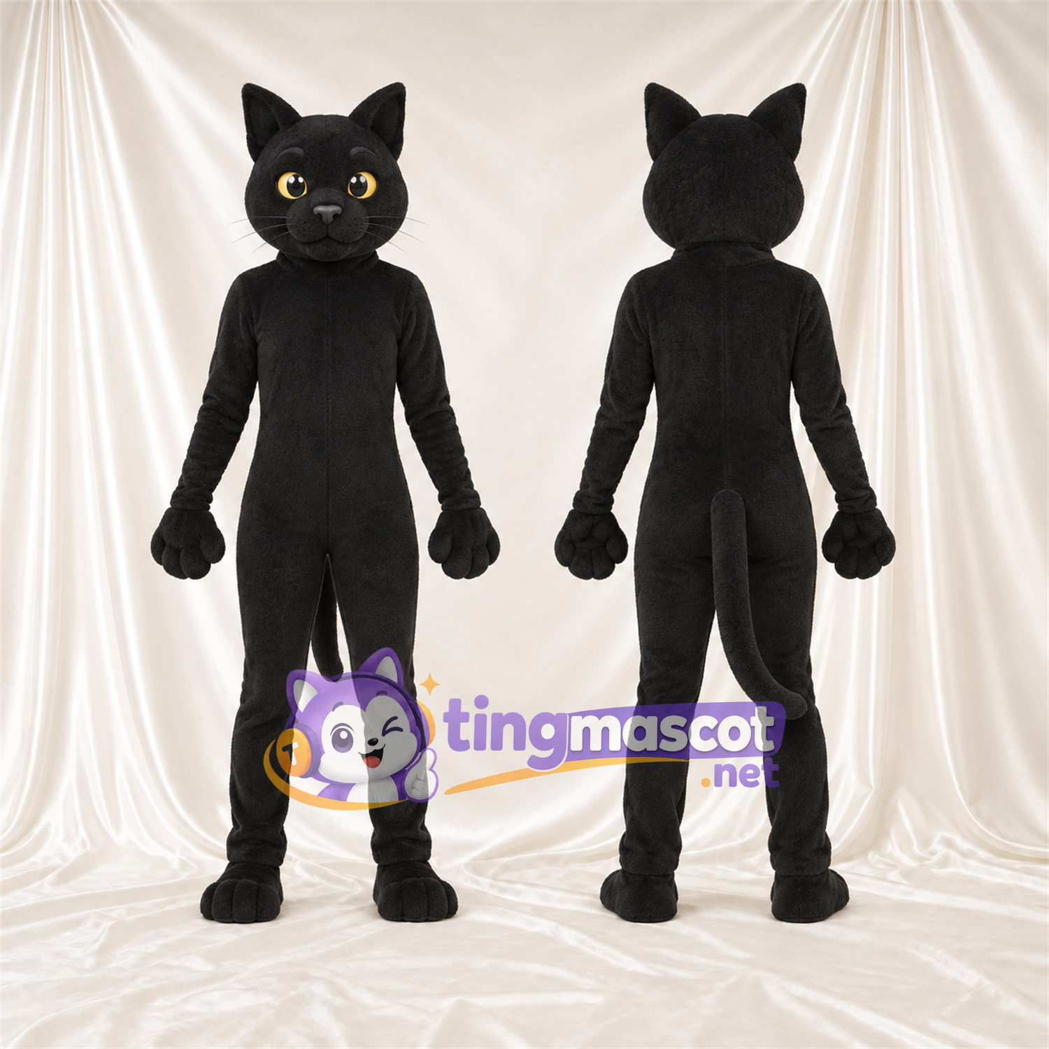 Costume de mascotte Chat – noir – Longue queue; Yeux (jaune) Costume de mascotte Chat – noir – Longue queue; Yeux (jaune)