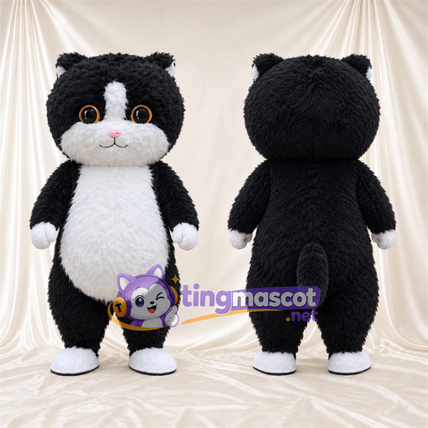 Costume de mascotte Chat – noir / blanc – Ventre rond; Ventre (blanc) Costume de mascotte Chat – noir / blanc – Ventre rond; Ventre (blanc)
