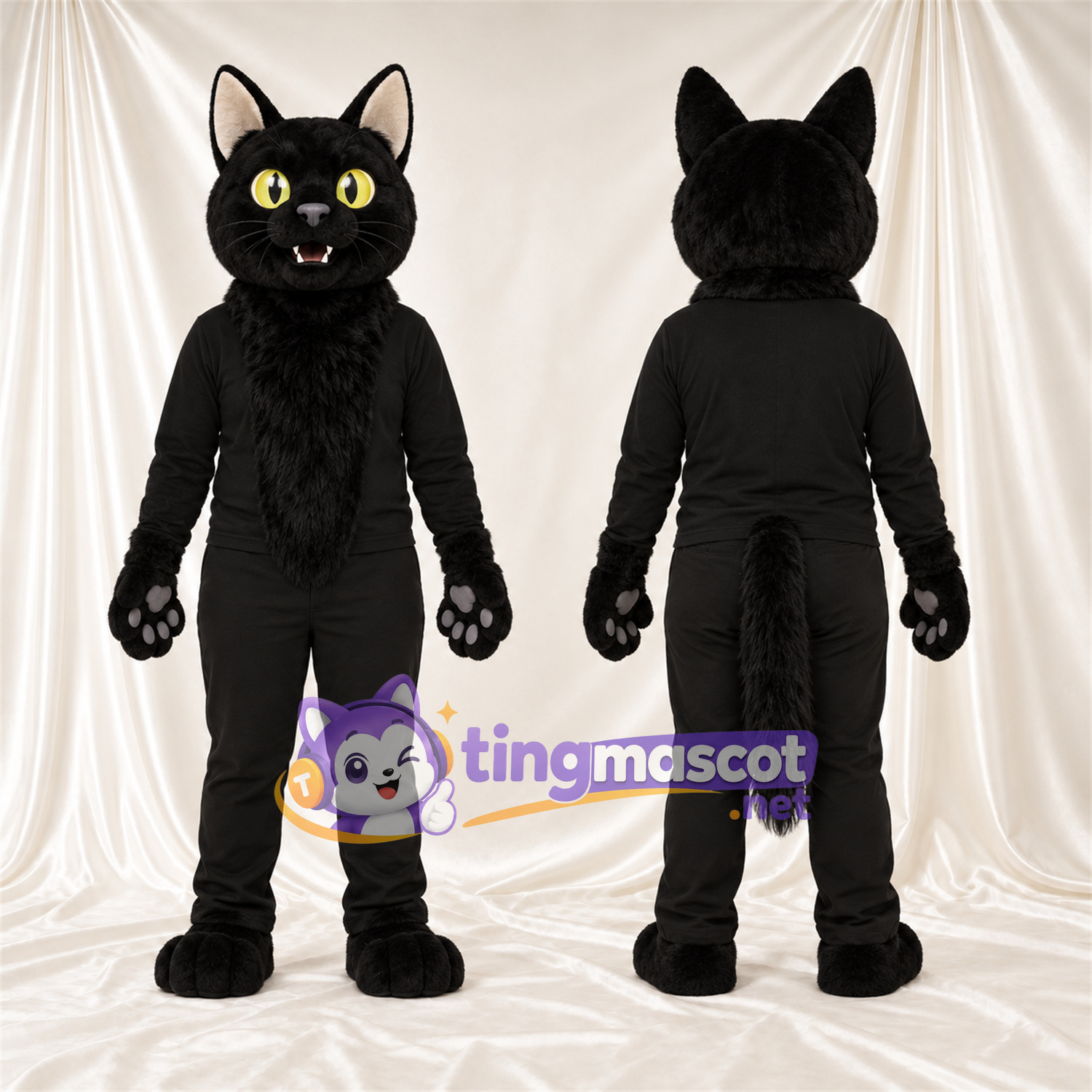 Costume de mascotte Chat – noir – Coussinets (gris); Yeux (jaune) Costume de mascotte Chat – noir – Coussinets (gris); Yeux (jaune)