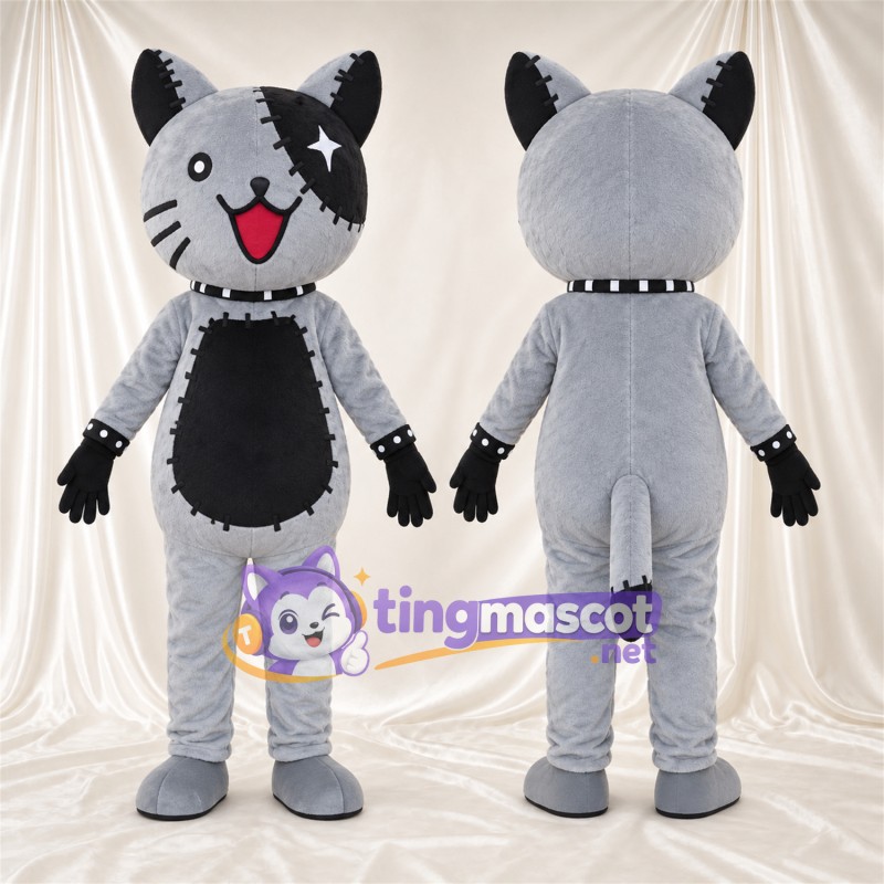 Costume de mascotte Chat – gris / noir – Motif de pièces cousues