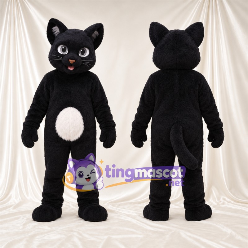 Costume de mascotte Chat – noir – Ventre rond; Ventre (blanc)