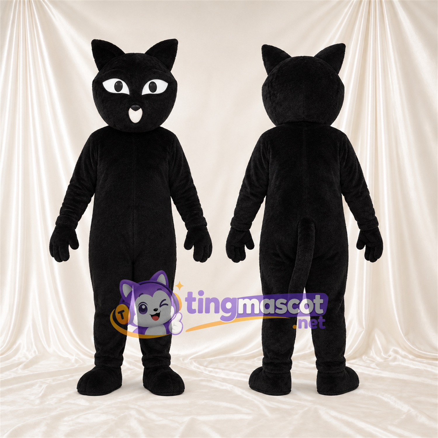 Costume de mascotte Chat – noir – Longue queue; Yeux (blanc) Costume de mascotte Chat – noir – Longue queue; Yeux (blanc)