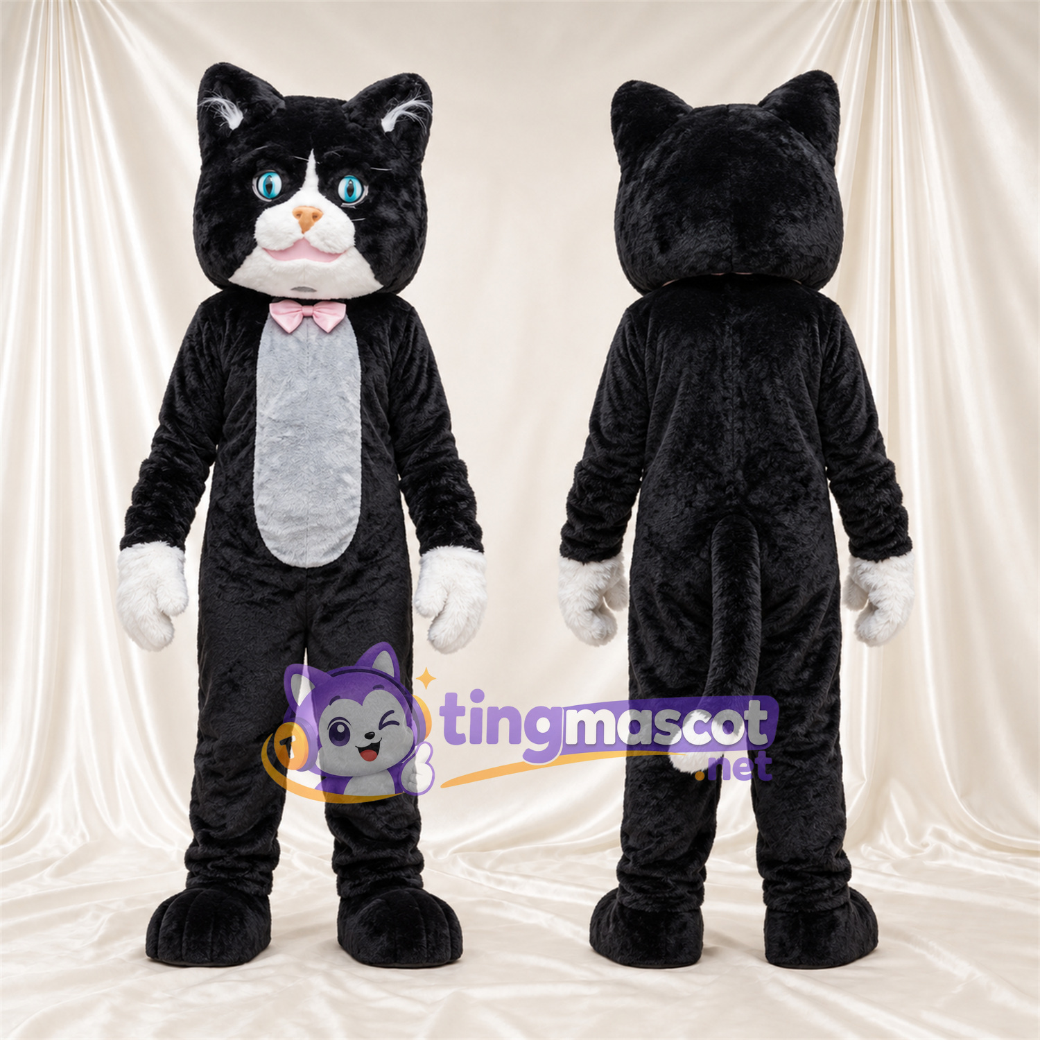 Black and White Cat Mascot Costume - Pink Bow Tie Black and White Cat Mascot Costume - Pink Bow Tie