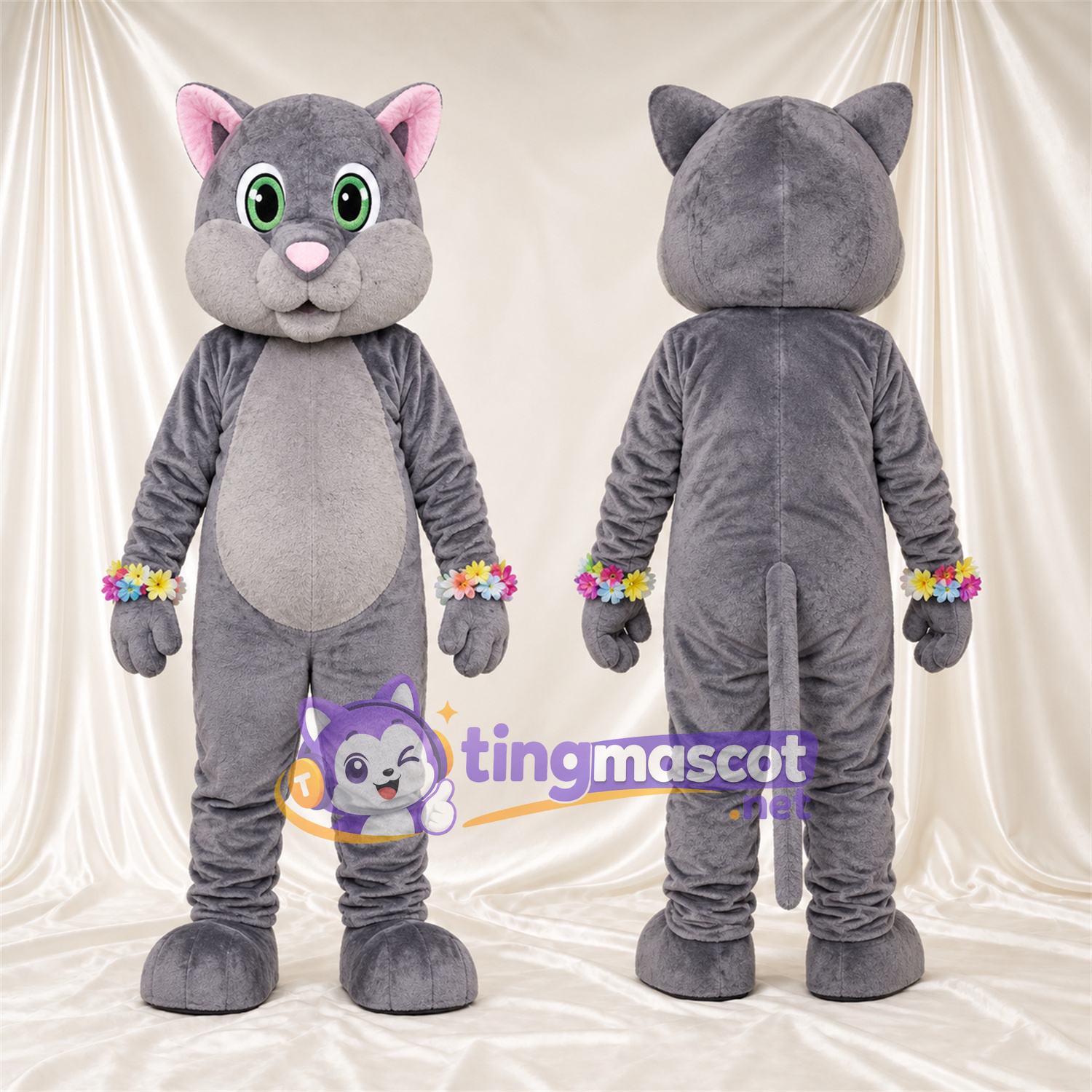 Costume de mascotte Chat – gris – Bracelets de fleurs Costume de mascotte Chat – gris – Bracelets de fleurs